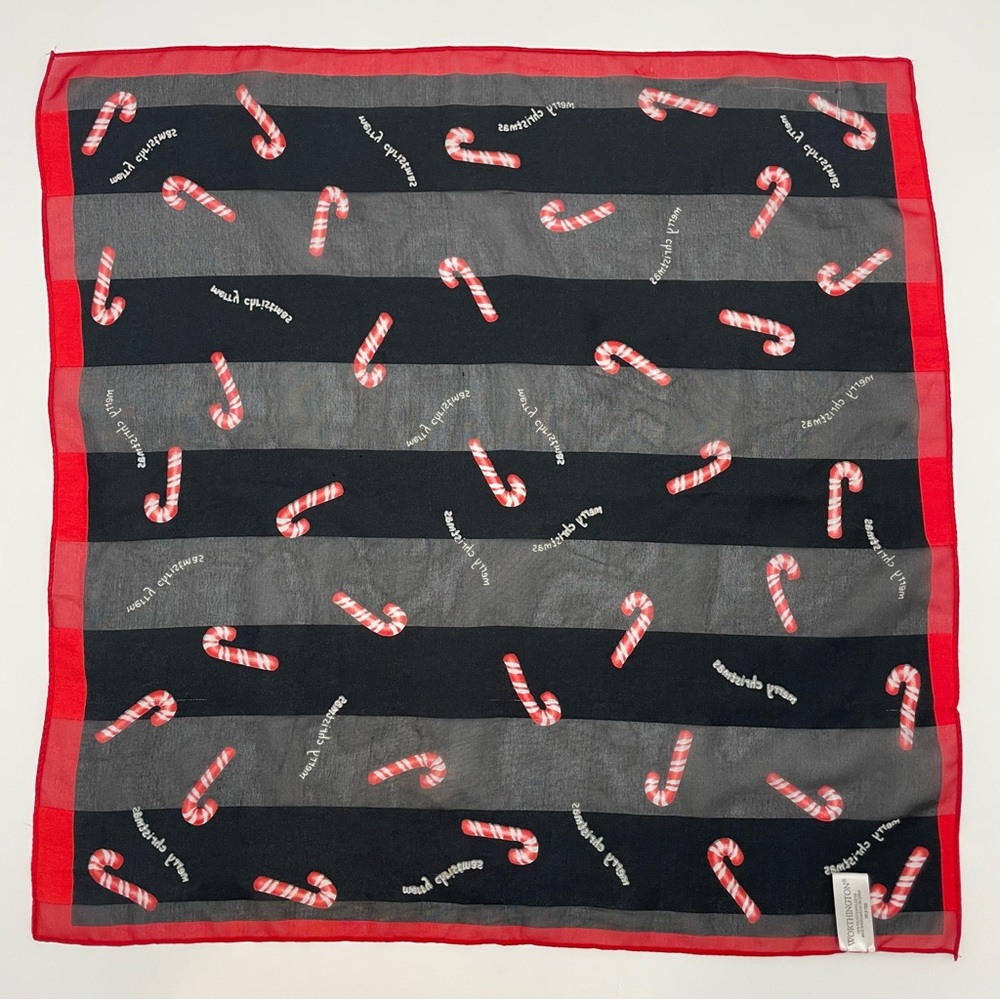 Vintage Christmas Scarf Candy Canes Square Sheer Stripes Holiday Red Black - Picture 2 of 8